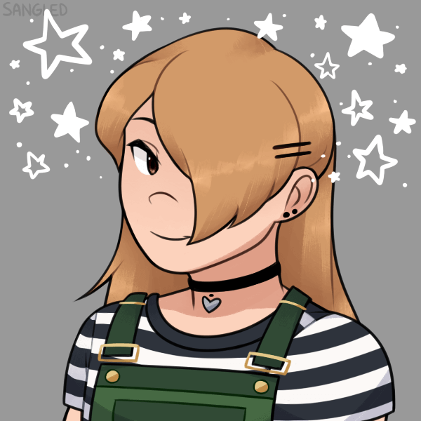 A Picrew of a girl with long, dark blond hair and side bangs wearing a black and white striped t-shirt, green overalls, and a black choker with a heart pendant.