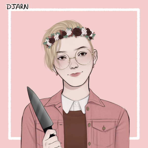 A Picrew of a girl with short blond hair combed to one side. She has round wire-rimmed glasses and is wearing a white button-up, a dark red pullover, a pink denim jacket, and a flower crown with dark red and white flowers. She is holding a knife. The picture periodically blinks.