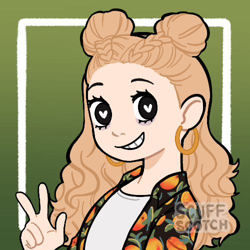 A Picrew of a girl with long wavy blond hair in a half-up half-down style with the top in space buns. She is wearing gold hoop earrings, a white t-shirt, and an unbuttoned Hawaiian shirt with oranges on it. She is smiling and giving a peace sign.