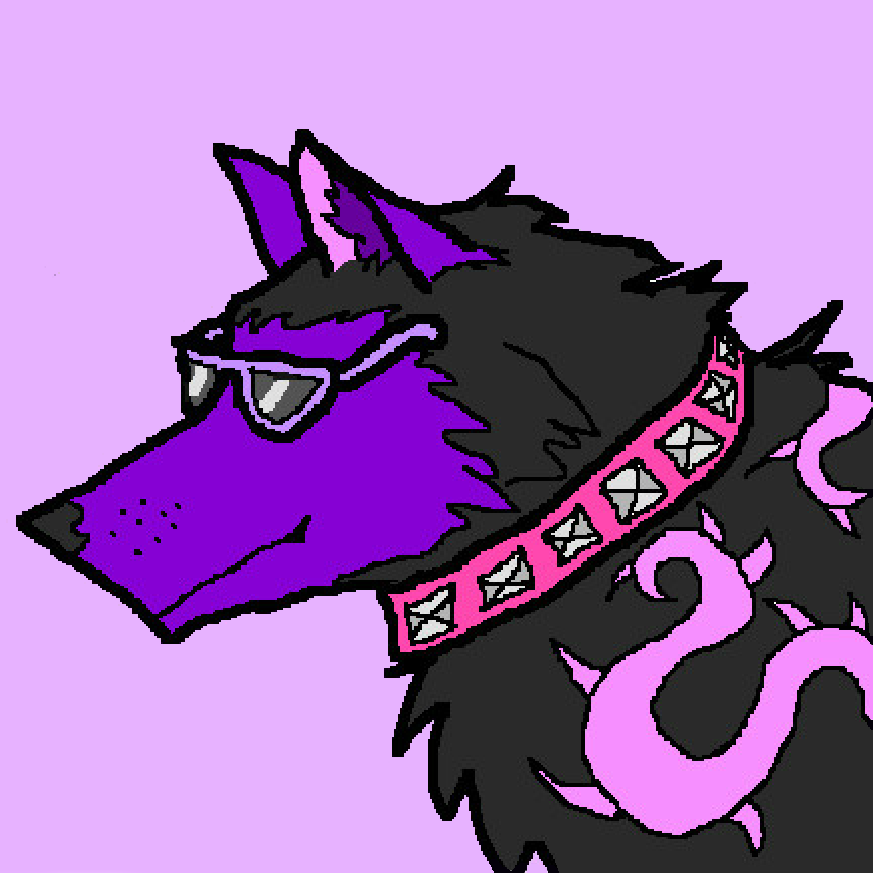 A headshot drawn in the AJ paint studio of a black and purple arctic wolf wearing sunglasses and a studded collar. 