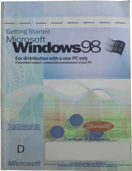 A white, blue, and green booklet that says 'Getting Started Microsoft Windows 98' on it.