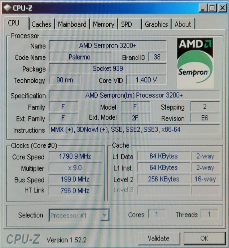 A screenshot showing that the computer has an AMD Sempron 3200+ CPU, code name Palermo, with one core running at 1790.9 MHz.