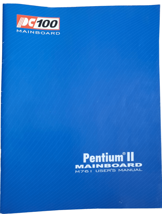 A blue booklet with the text 'Pentium II Mainboard M761 User's Manual' in the bottom right corner.