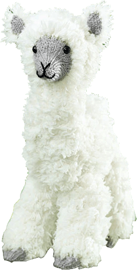A fluffy knitted alpaca plushie with a white body and grey hooves and mouth.