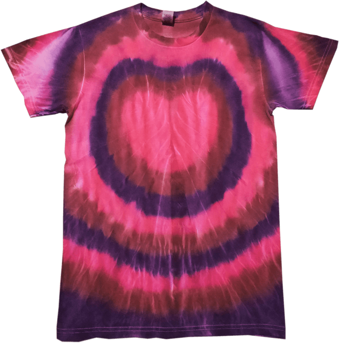 A pink, purple, and red tie dye shirt with a heart in the middle.