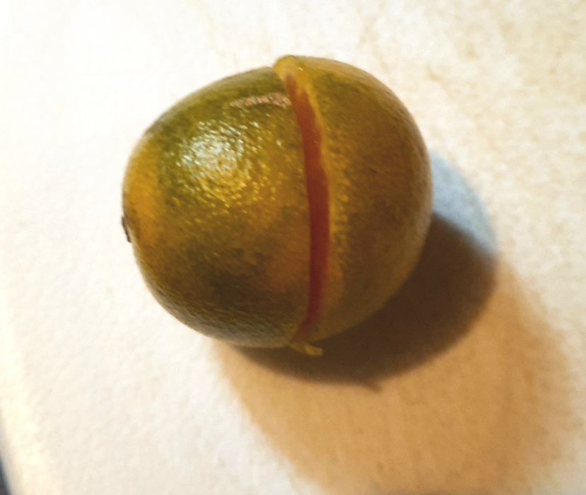 A calamondin orange, still rather green, on a cutting board.