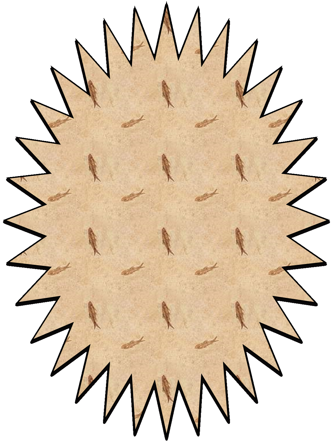 A spiky bubble shape with a repeating image of a fossilized fish as a background.