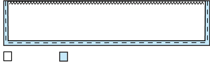 A diagram showing where to hem the skirt piece: the long bottom edge and two side edges are folded over and sewn straight, while the tope edge is not folded and zigzag stitched.