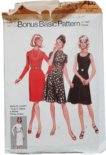 A photo of sewing pattern from the 70's. There are three dresses being modelled: 1 has long sleeves, 2 has short sleeves and a collar, and 3 is sleeveless. All three have belts.